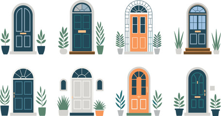 Fototapeta premium Colorful collection of doors and plants vector