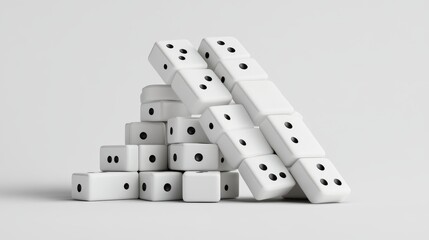 Set of white dominoes stacked into a triangular pyramid, caught mid-collapse in high-resolution 3D style, shadowed base