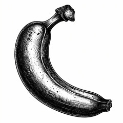 Detailed hand-drawn engraving of a banana, rendered in a vintage style using scratchboard technique.