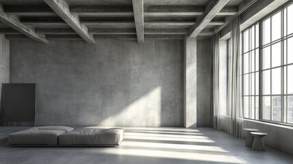 Unfurnished apartment interior with gray concrete walls and floor, exposed ceiling beams, large window casting ambient light