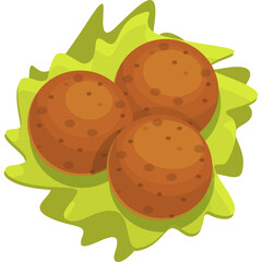 Three Round Brown Falafel Balls on Shredded Green Lettuce Over Transparent Background