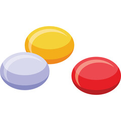 Three Round Candies Yellow Purple and Red Placed on a White Background Showing Glossy Texture and Smooth Shape in Studio Lighting