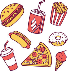 Cartoon fast food stickers hamburger hot dog pizza