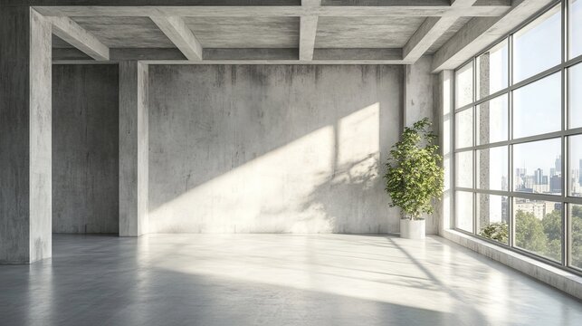 Unfurnished apartment interior with gray concrete walls and floor, exposed ceiling beams, large window casting ambient light