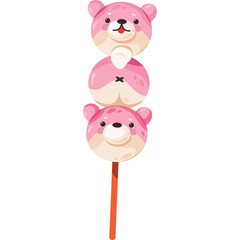 Three Pink Cartoon Bear Shaped Sweet Dumplings on a Stick Skewer with Transparent Background for Decoration