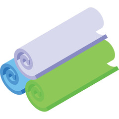Three Rolled Towels in Blue Light Blue and Green Colors Against a Transparent Background Representing Bathroom and Spa Essentials