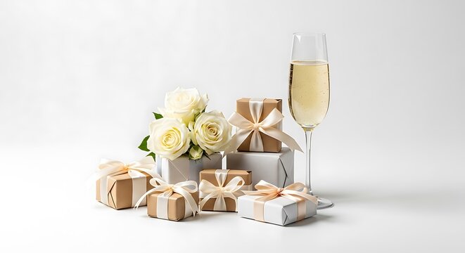 Elegant wedding gifts and champagne celebration