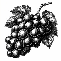Hand-drawn grape bunch with leaves in vintage engraving style with transparent background.