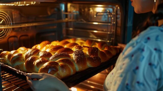 A woman is taking out a tray of bread from an oven. The bread is golden brown and looks delicious