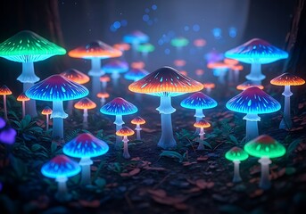 Enchanting bioluminescent mushrooms glow with vibrant neon colors in a magical forest setting