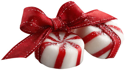 Classic striped peppermint candies with festive red ribbon bow isolated high resolution PNG Christmas sweet treat clipart for holiday design
