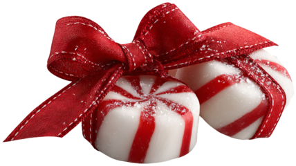 Classic striped peppermint candies with festive red ribbon bow isolated high resolution PNG Christmas sweet treat clipart for holiday design
