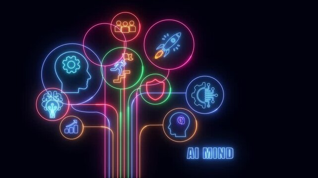 business shows glowing neon line banner of AI MIND concept with icons of responsibility, customers, integrity, goals, teamwork, commitment and innovation isolated on transparent background.