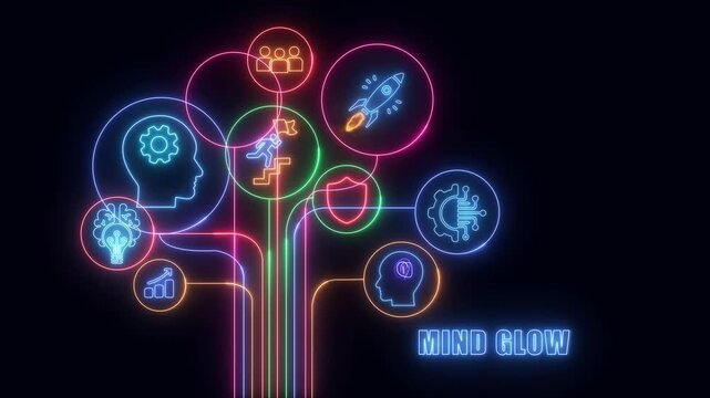 business shows glowing neon line banner of MIND GLOW concept with icons of responsibility, customers, integrity, goals, teamwork, commitment and innovation isolated on transparent background.