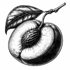 Detailed engraving of a cut peach with a leaf, rendered in a vintage scratchboard etching style.