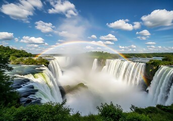 Majestic niagara falls roars powerfully under a bright blue sky with fluffy clouds