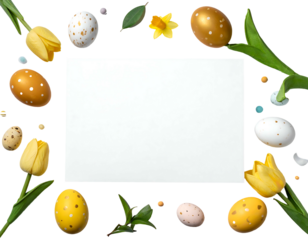 Spring floral border with eggs and blossoms surrounding a blank white space for text or image on a black background