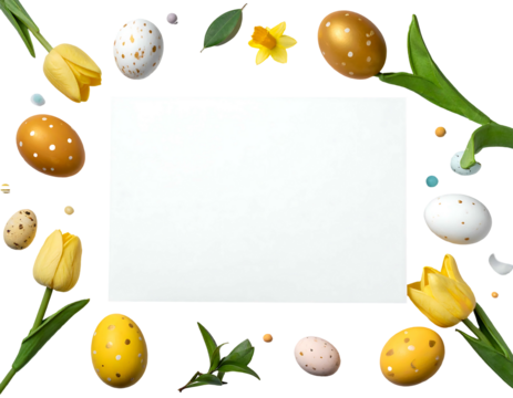 Spring floral border with eggs and blossoms surrounding a blank white space for text or image on a black background