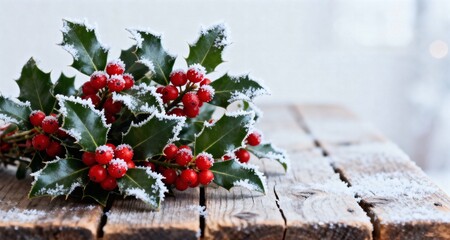 Frosted holly berries and leaves on rustic wood christmas holiday decor