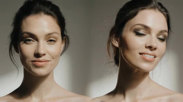 Two portraits of a woman side by side showing subtle differences in lighting and makeup, cinematic style.