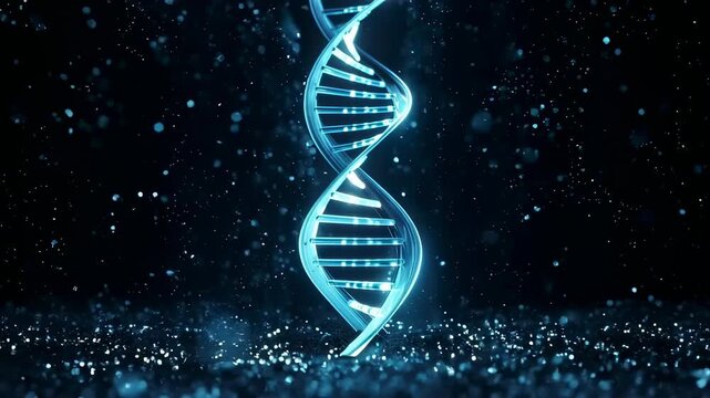 Glowing DNA double helix structure in blue light against a dark sparkling background, symbolizing genetics.