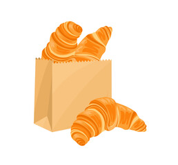 Croissants in paper bag isolated on white background. Vector cartoon flat illustration of fresh pastry. 