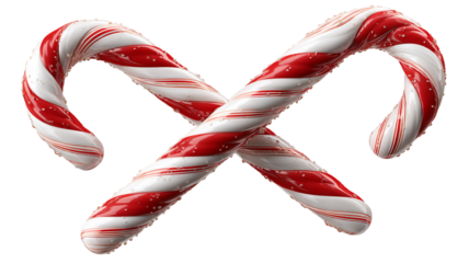 Two red and white striped candy canes crossed festive holiday display isolated on transparent background high resolution PNG Christmas sweet treat clipart for seasonal design