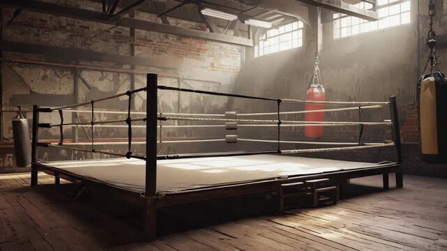 Verlassener Boxring in alter Turnhalle mit Sonnenlicht