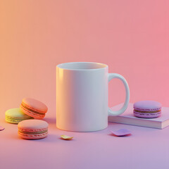 Colorful Macarons and Mug on Soft Gradient Background