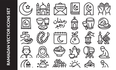 Ramadan Kareem Line Icon Set. Simple Islamic Symbols Collection with Mosque, Fasting, Quran, Lantern and Moon.