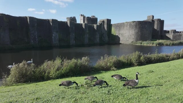 Wales, UK - October 6, 2025: Caerphilly Castle, the biggest castle in Wales