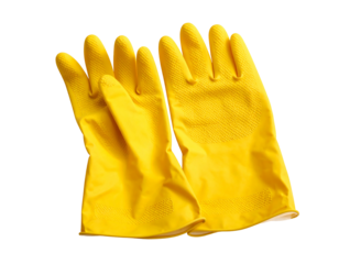 Two yellow rubber gloves, casually posed against a dark background, suggest protection and cleanliness