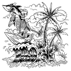 Skull surfing with a cold beer and relaxing, with a background of coconut trees, waves and sharks