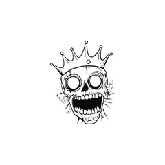 Black and white punk cartoon illustration of a screaming skull wearing a simple crown