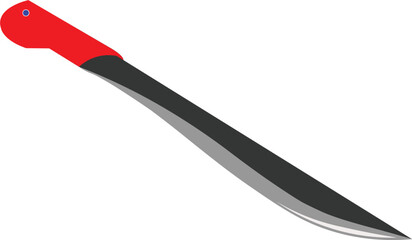 A simple vector illustration of a long, curved machete with a sharp blade and a red handle, isolated on a white background