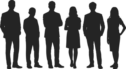 Business people silhouettes — professional men and women standing confidently, teamwork and leadership concept for corporate, office, and career designs