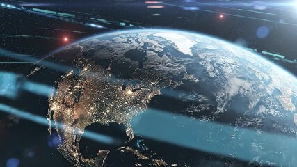 Global technology network connecting the planet with digital data streams and abstract light streaks - Powered by Adobe