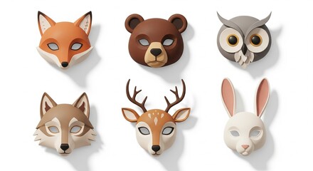 Set of Six Animal Masks for Childrens Play and Costume Parties.