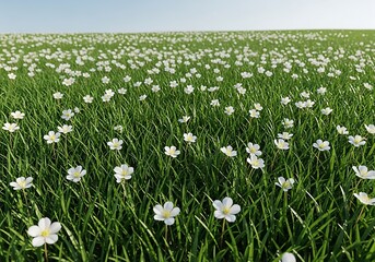Vast field of delicate white flowers under a bright blue sky