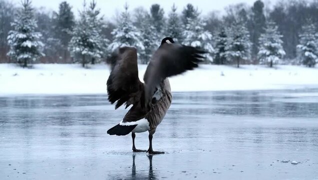 A lone Canada goose stands on a frozen lake in a snowy winter landscape.