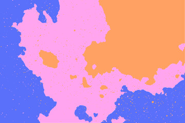 Obraz premium An abstract, stylized map with irregular landmasses in pink and orange against a blue background, dotted with small golden specks.
