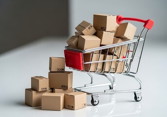 Miniature shopping cart overflowing with cardboard boxes symbolizing e-commerce and retail delivery