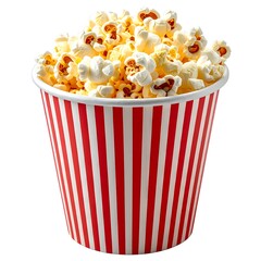 A full paper container with red and white stripes, overflowing with popcorn