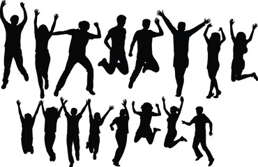 Jumping people silhouettes — energetic men and women jumping, celebrating success, freedom, and happiness, perfect for fitness, party, and joy designs