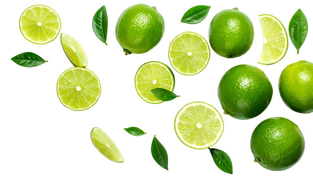 Vibrant green limes and leaves are scattered on a black backdrop, some sliced, some whole, creating a fresh, zesty vibe