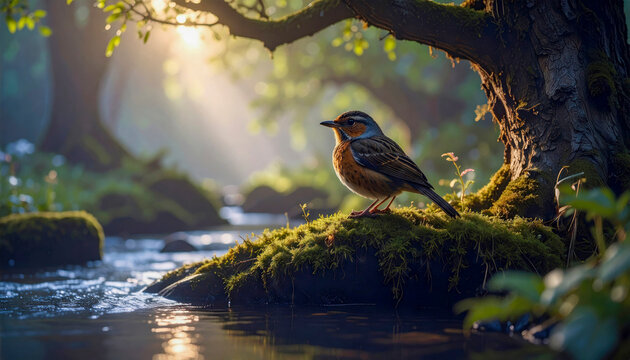 Ave posada en rama cubierta de musgo mientras observa su reflejo en el agua de un arroyo sereno