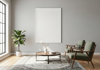 Modern living room with art canvas mockup and green armchairs cozy ambiance