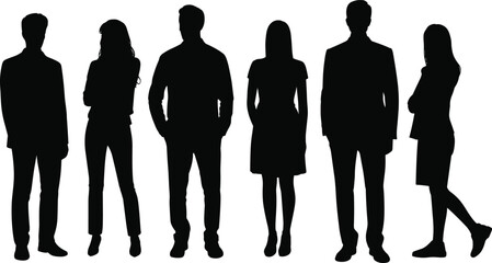 Silhouette group of business professionals — confident men and women standing together, teamwork and corporate success concept for company design