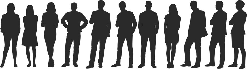 Silhouette group of diverse business professionals standing — teamwork, corporate success, leadership, and office collaboration concept illustration design