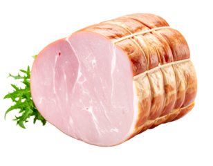 Smoked ham roast, pale pink, bound with string, resting against greens on a black backdrop